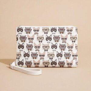 Kawaii Hipster Cat Glasses Wristlet Pouch Kitten Animal Print Clutch Bag